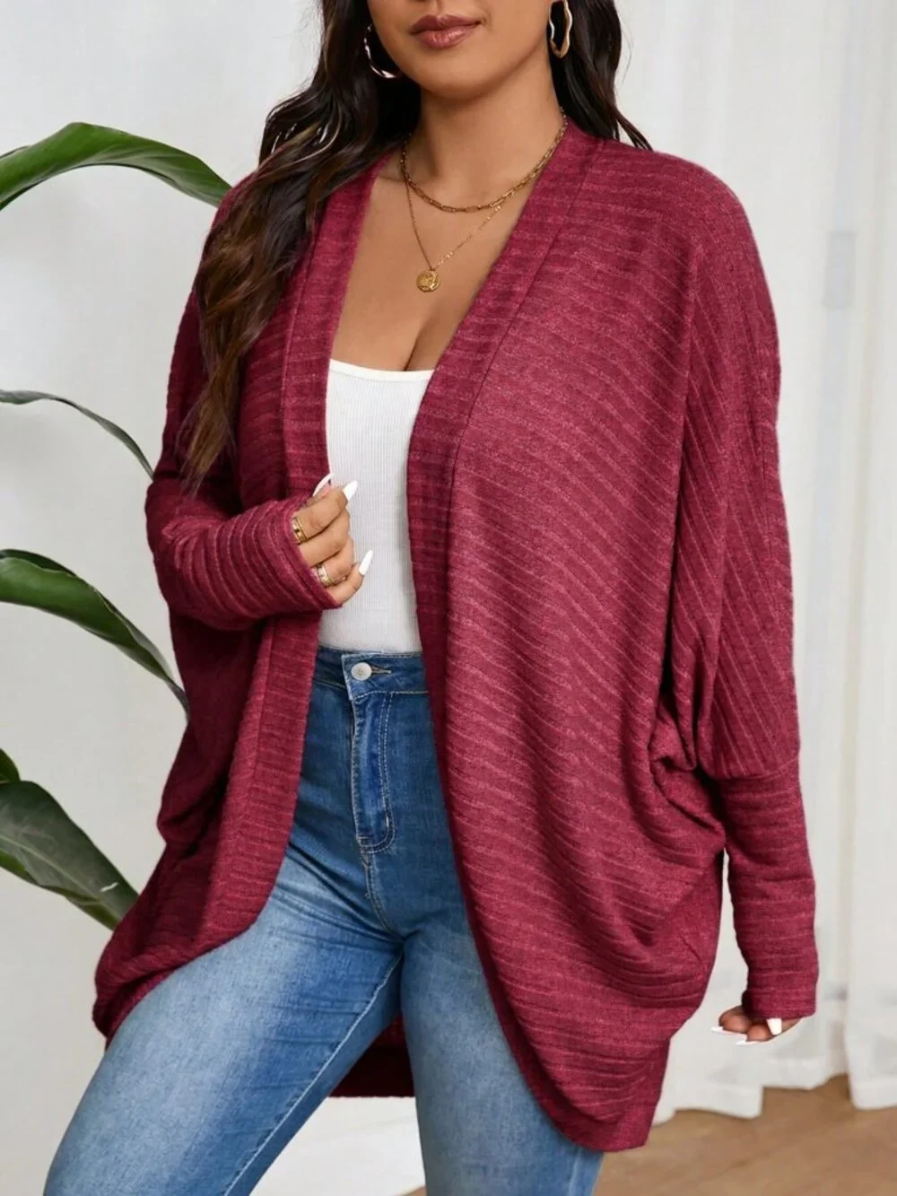 Burgundy Casual Women's Plus Size Loose Ribbed Brushed Knit Cardigan Jacket
